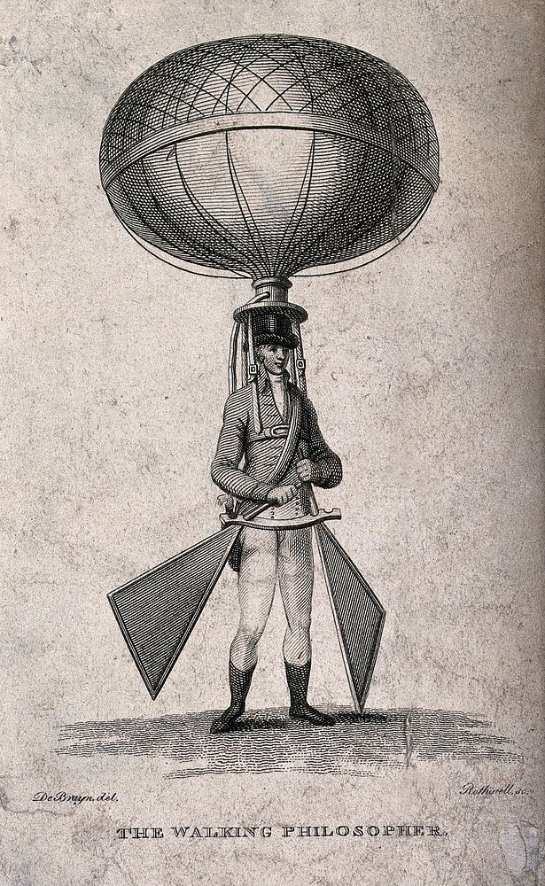 A man with a balloon and rudders strapped to him. Engraving by P. Rothwell after De Bruyn.