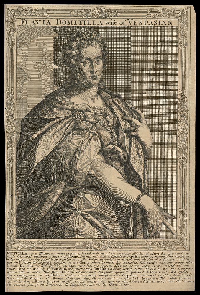 Flavia Domitilla, wife of Vespasian, Emperor of Rome. Line engraving, 16--, after A. Sadeler after Titian.