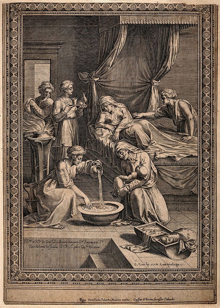 The birth of the Virgin Mary, Anna is being attended upon while Mary receives her first bath. Line engraving by C. Cort…