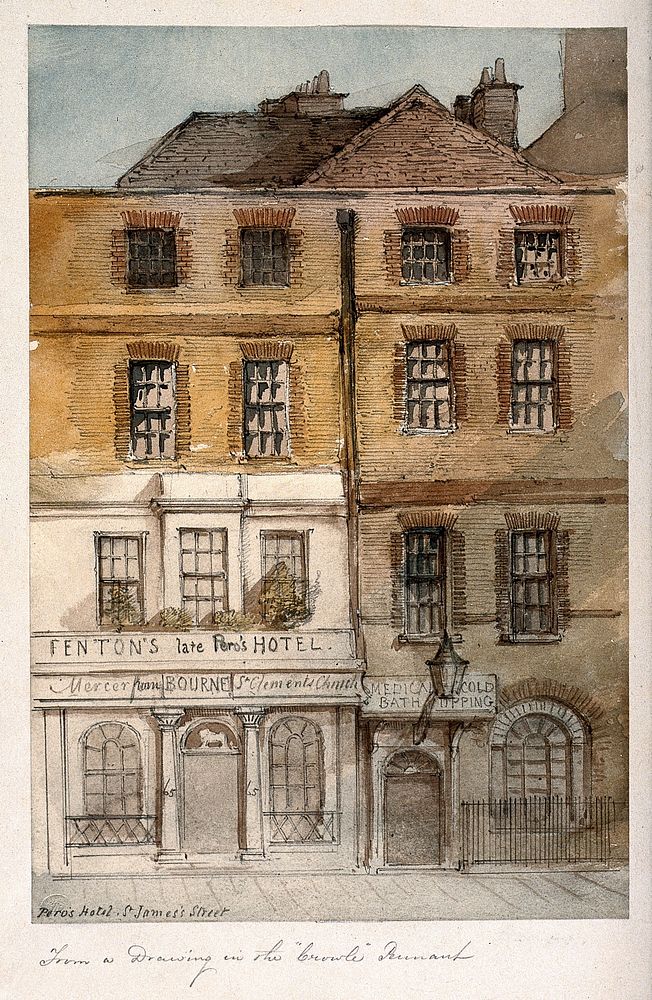 The Medical Cold Baths, and Fenton's Hotel, St. James's Street, London. Watercolour attributed to T. C. Dibdin.