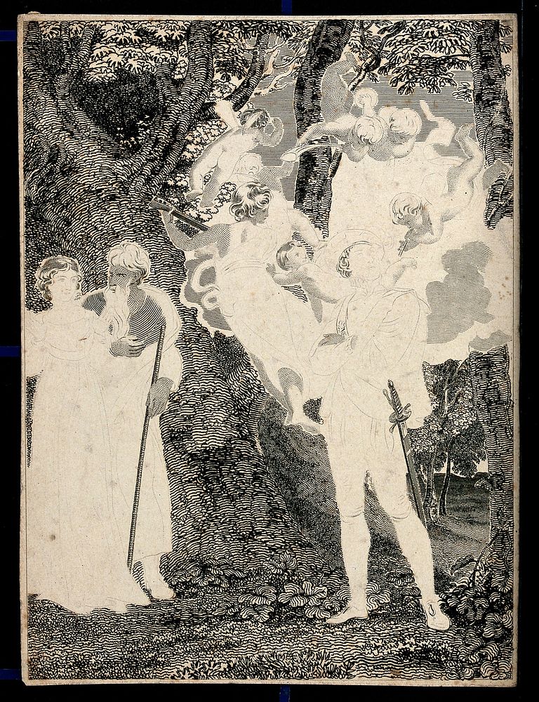 A young man surrounded by flying cupids and a lute-playing figure, observed by a young woman accompanied by an elderly man.…