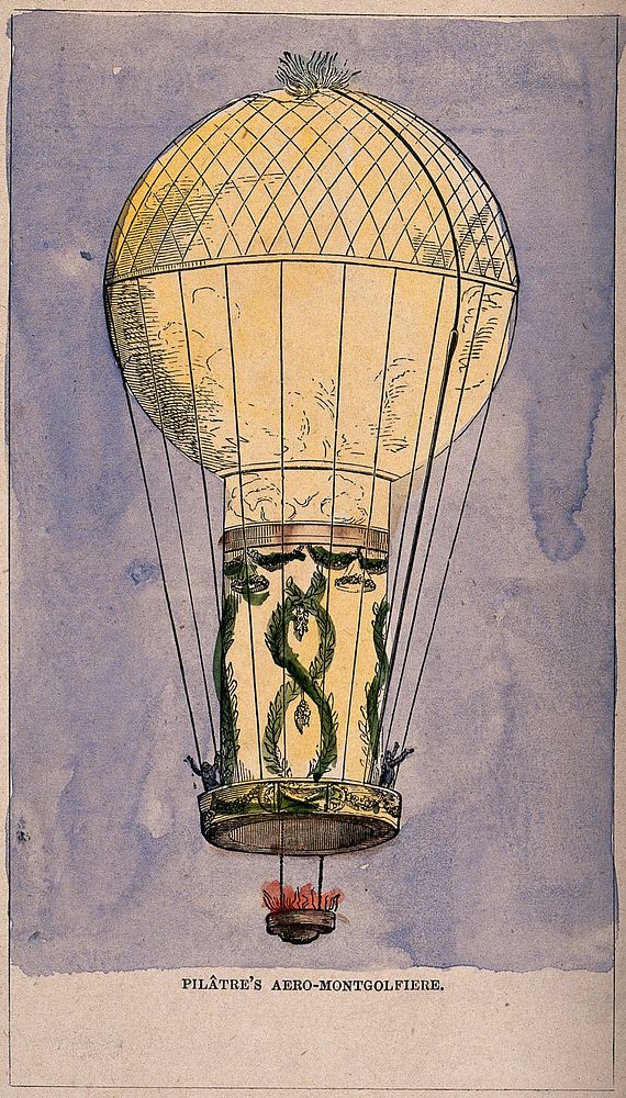 A hot-air balloon in flight with a fire burning. Coloured engraving.