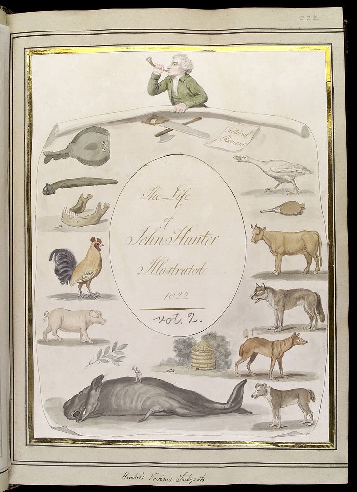 John Hunter blowing a horn, with animals studied by him. Watercolour attributed to J. Foot, 1822.