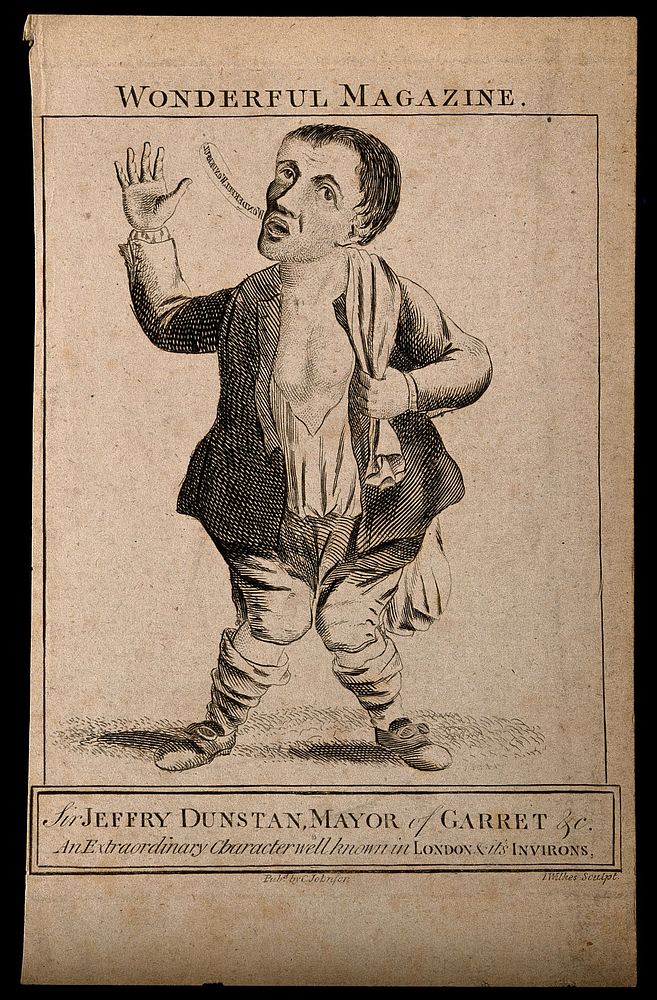 Jeffery Dunstan, a deformed eccentric. Engraving by J. Wilkes.