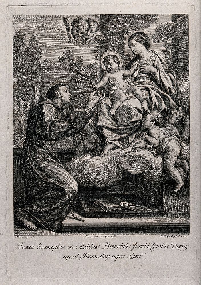 The infant Christ on the Virgin's lap presenting Saint Francis of Assisi with some flowers. Etching by H. Winstanley, 1729…