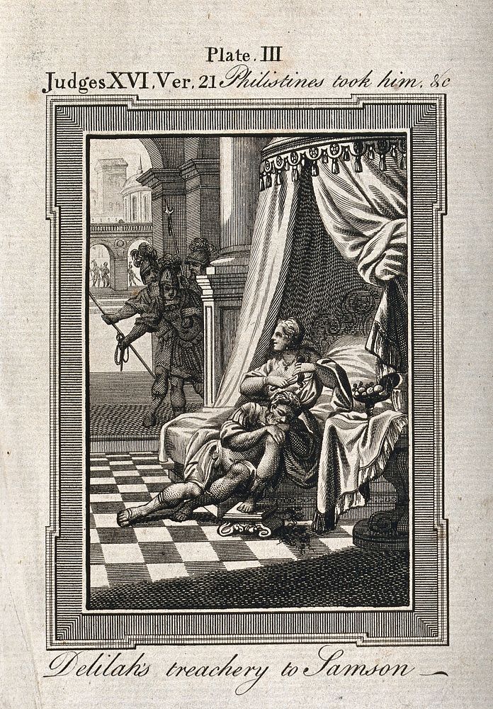 Delilah cuts the sleeping Samson's hair, smiling at the Philistine soldiers waiting in the shadows. Engraving.