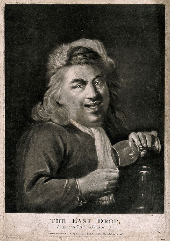 A man pouring the last drop from his wine glass. Mezzotint, c. 1786.