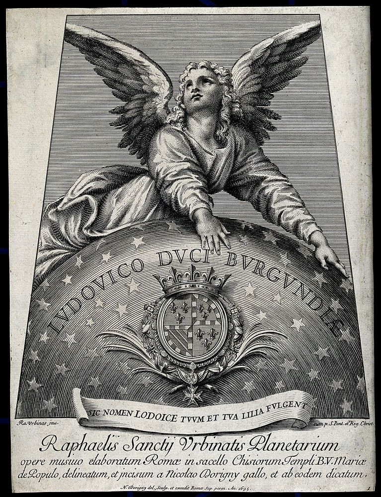 Astronomy: an angel astride the cosmos, looking heavenward. Engraving by N. Dorigny, 1695, after Raphael, 1516.