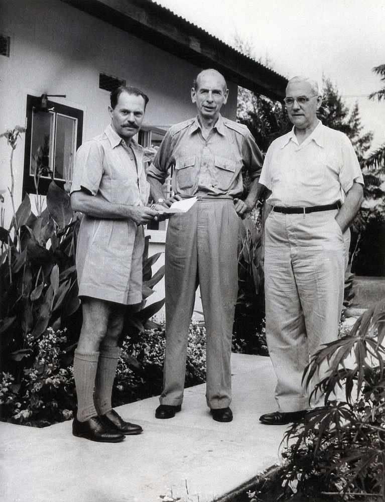 L.J. Bruce-Chwatt, Sir Gordon Covell and P.F. Russell. Photograph, Lagos, 1952.
