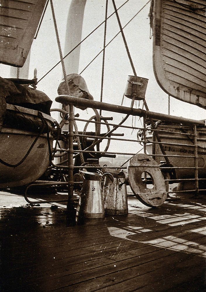 Ship fumigation using hydrogen cyanide: metal jugs and other equipment on deck. Photograph by P. G. Stock, 1900/1920.