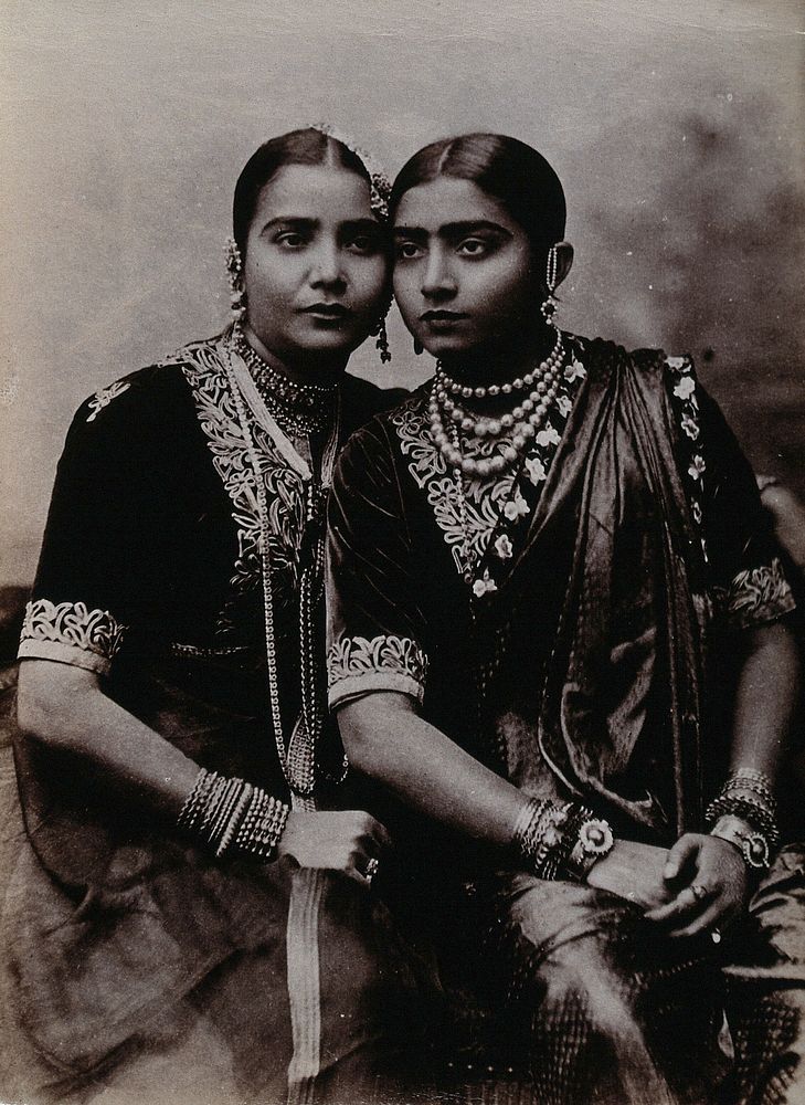 Two nautch dancing girls, in a studio setting. Photograph, ca.1900.