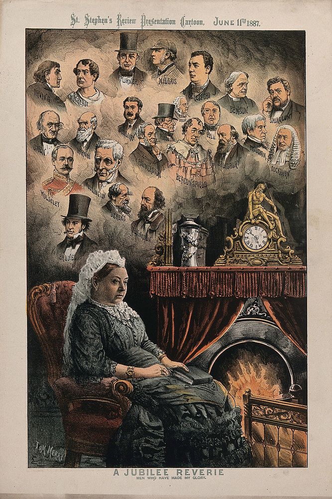 Queen Victoria, seated in an armchair by an open fire, day-dreaming about illustrious men of her reign. Colour lithograph by…