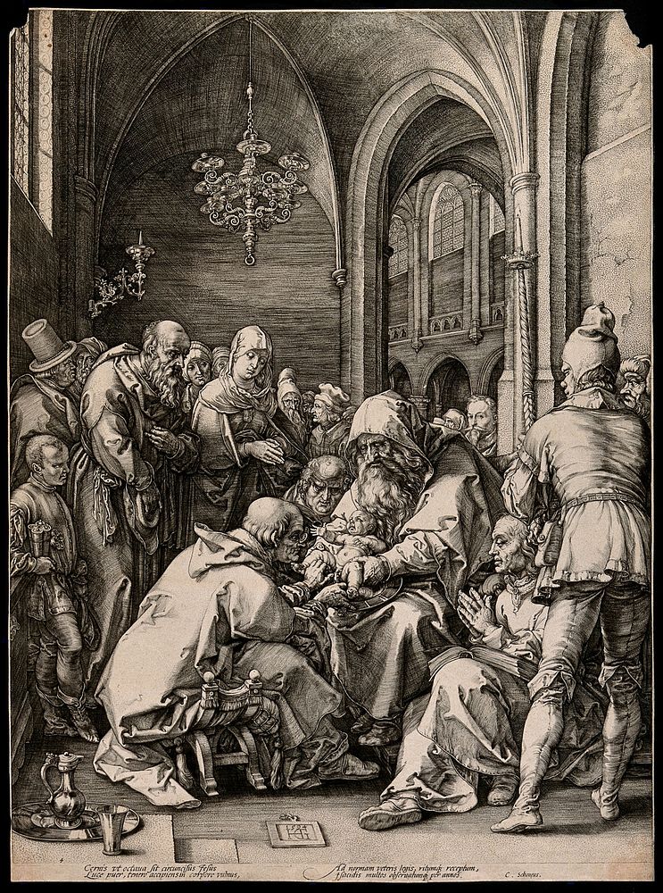 Christ is circumcised in a crowded church. Engraving by H. Goltzius, 1594.