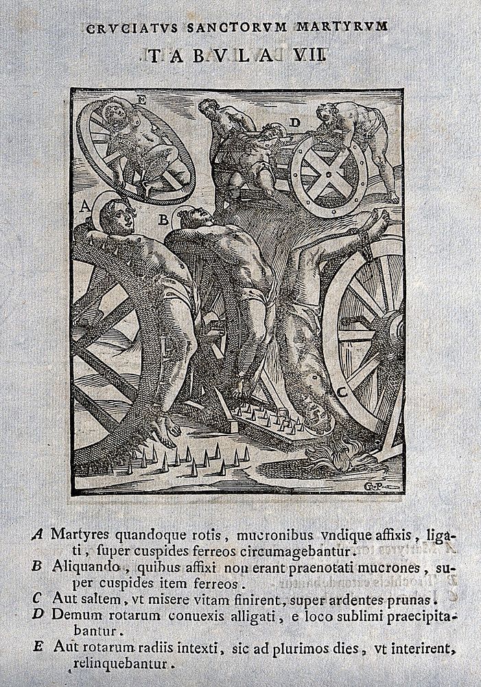 Martyrdom of four male saints, their bodies bound to spiked wheels. Woodcut by Cr.P. .