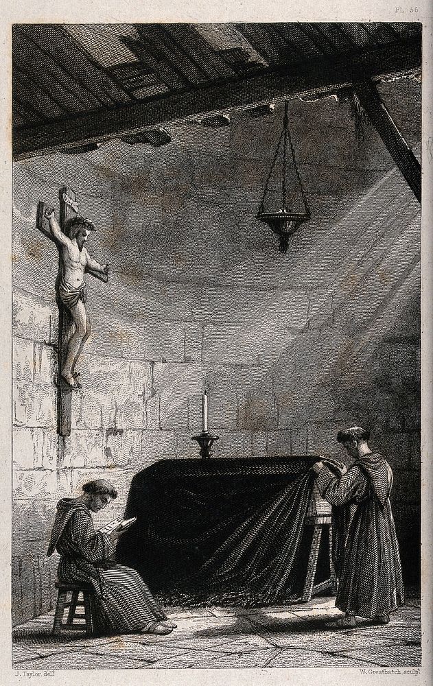 Two monks guarding a coffin inside an old building. Etching by W. Greatbach after J. Taylor.