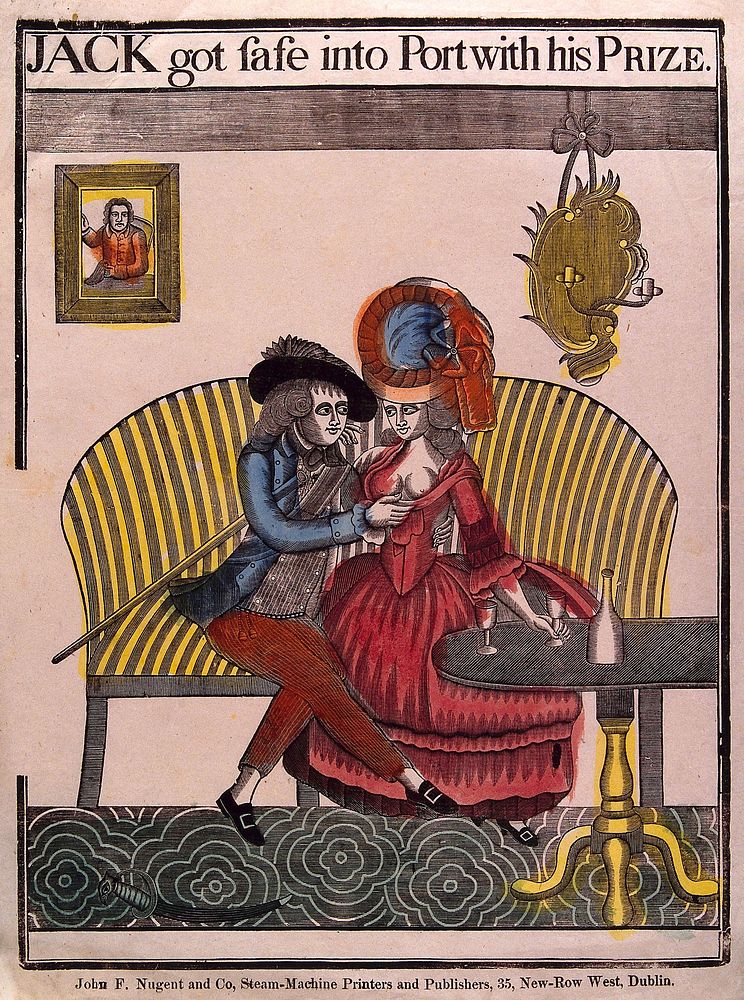 A sailor and a young woman with her breasts exposed are seated on a settee; a table with two glasses and a bottle in the…