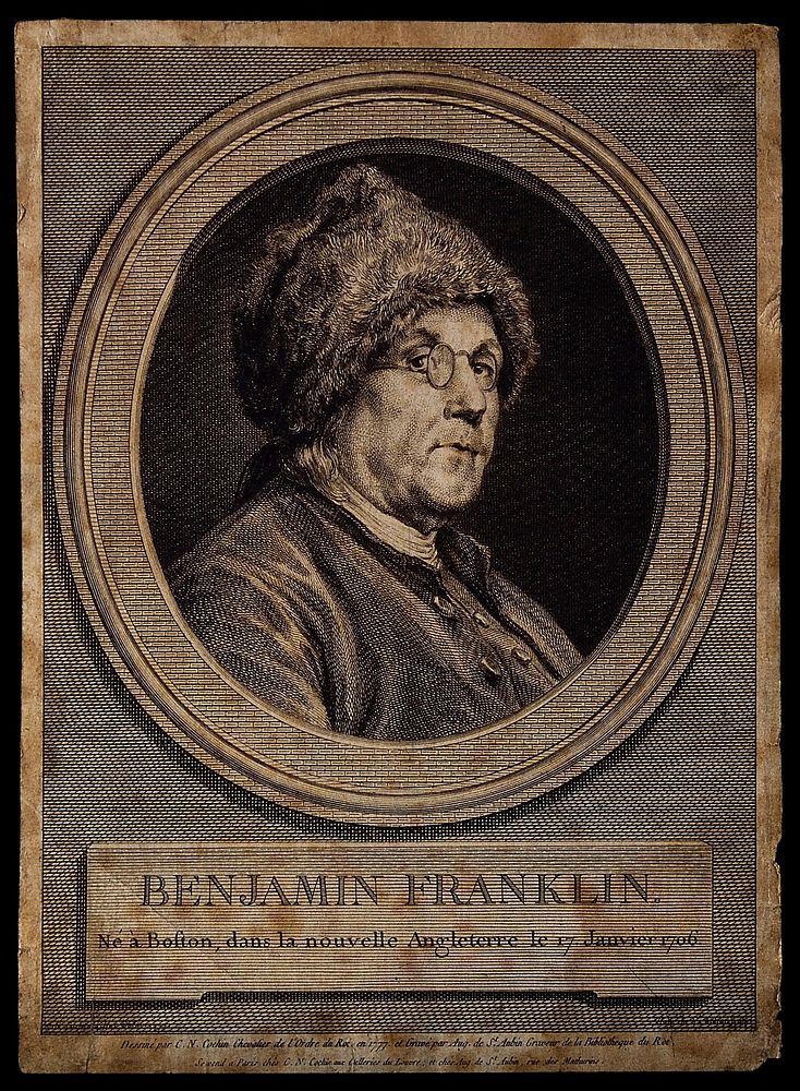 Benjamin Franklin. Line engraving by A. de St Aubin after C. N. Cochin, junior, 1777.