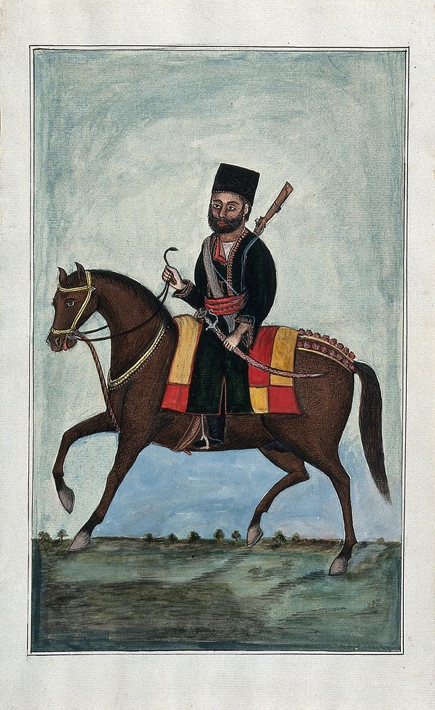 A soldier, holding a sword, riding on a horse. Gouache painting by an Indian artist.