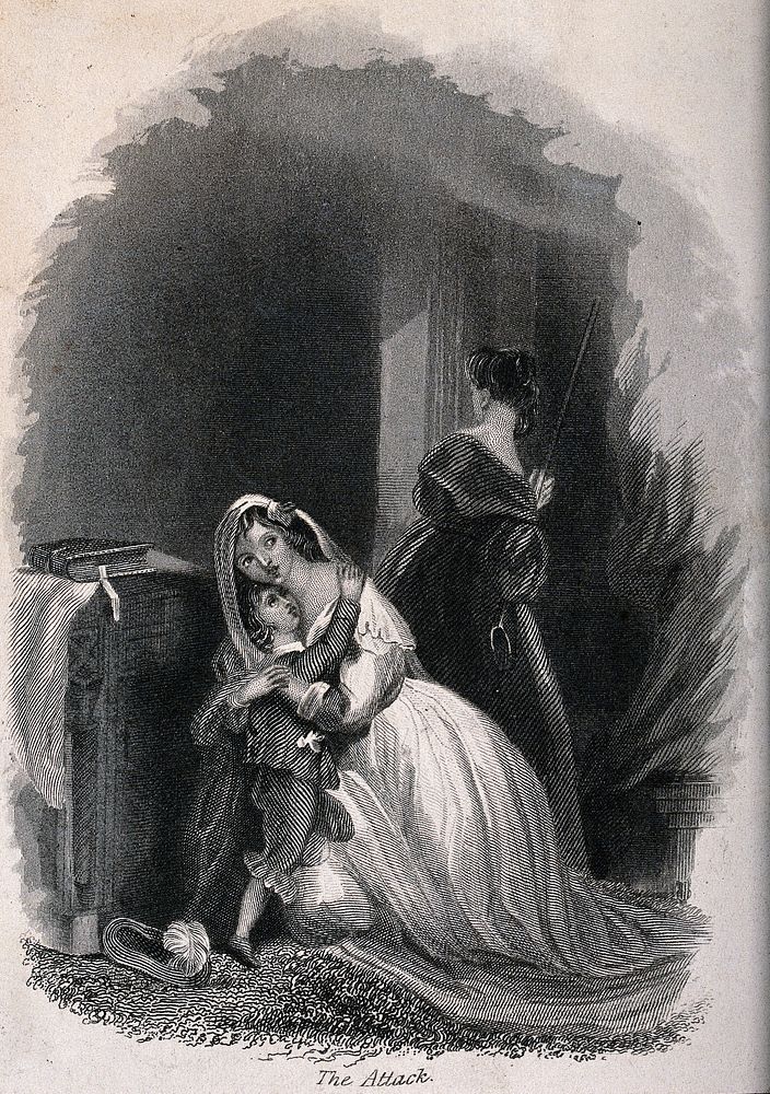 One woman protects a boy while another stands guard by the door with a weapon. Engraving.