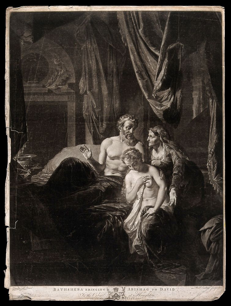 Bathsheba brings the young maid Abishag to the aging King David for body heat. Mezzotint by R. Earlom, 1779, after G.…