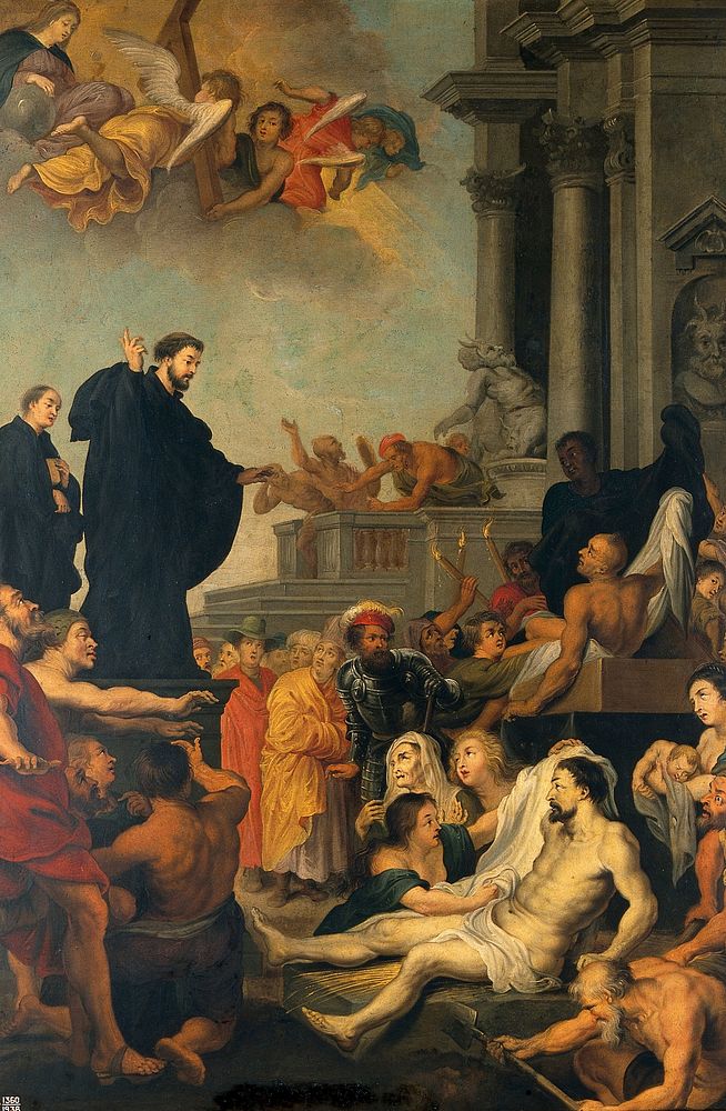 Saint Francis Xavier preaching and healing. Oil painting after Peter Paul Rubens.