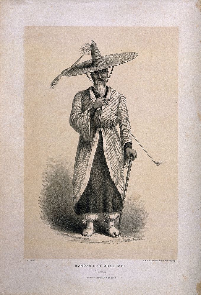 A Korean man in large hat stands smoking a pipe. Lithograph, c. 1857, after F. M.