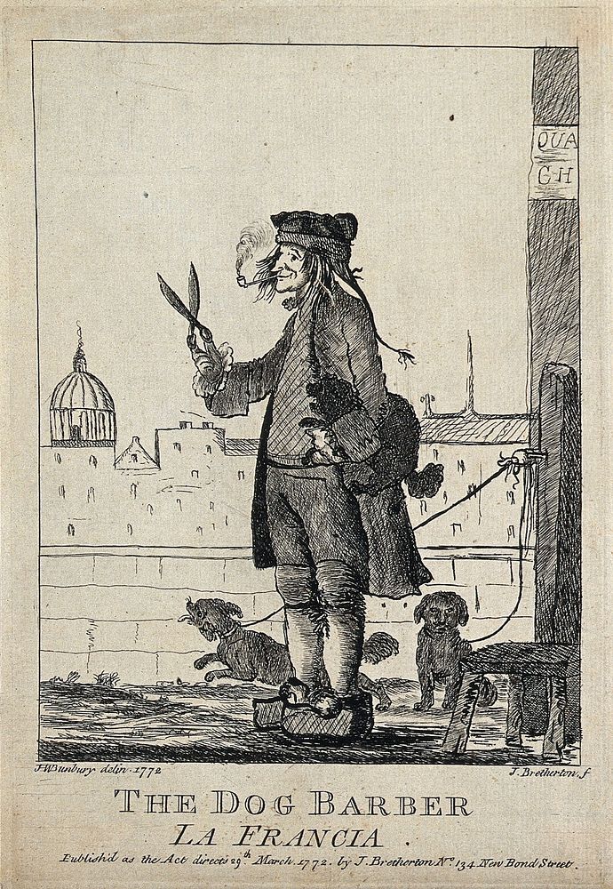 A dog barber holding a large pair of shears in one hand, a poodle under his arm, standing on a quai in Paris. Etching by J.…