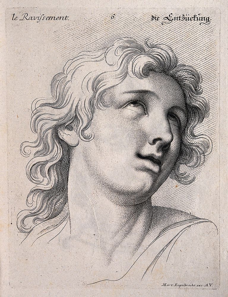 A face expressing rapture. Engraving by M. Engelbrecht , 1732, after C. Le Brun.