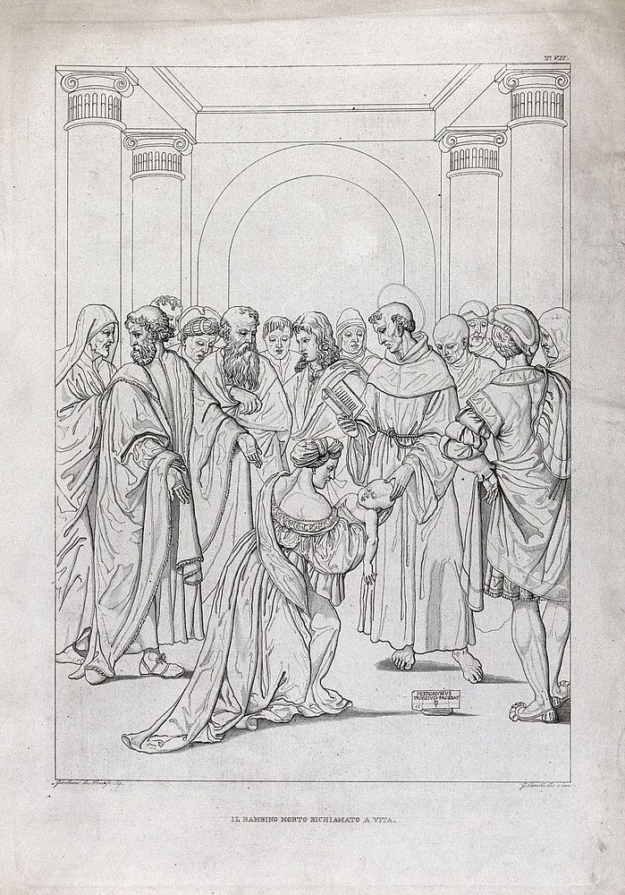 Saint Antony of Padua bringing a baby back from the dead []. Etching by G. Canuti after Girolamo da Treviso.
