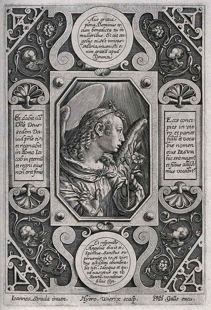 The angel of the Annunciation. Engraving by H. Wierix after J. Stradanus.