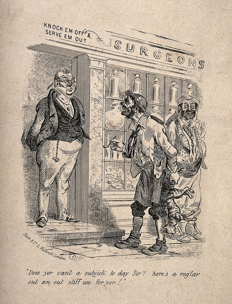 A supercilious surgeon standing outside his shop, two tramps approach him with a dead cat. Etching by C.S.G.