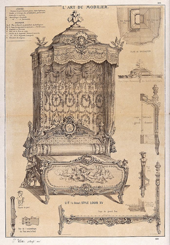 Cabinet-making: design for a canopied bed. Etching by J. Verchère after himself, 1880.