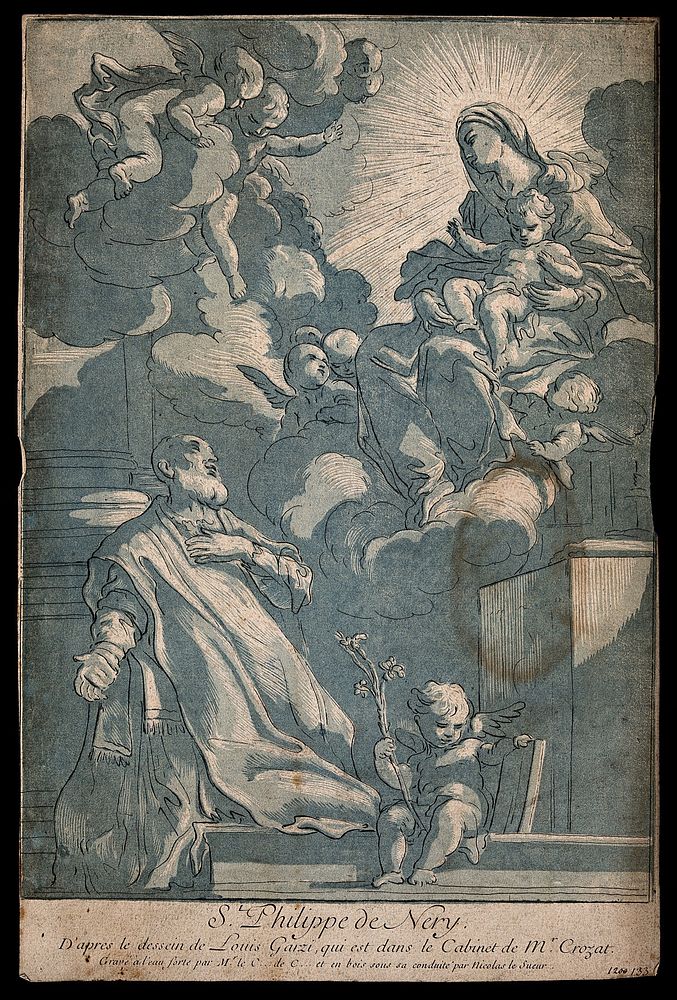 Saint Philip Neri. Colour etching by the Comte de Caylus and N. Le Sueur after L. Garzi.