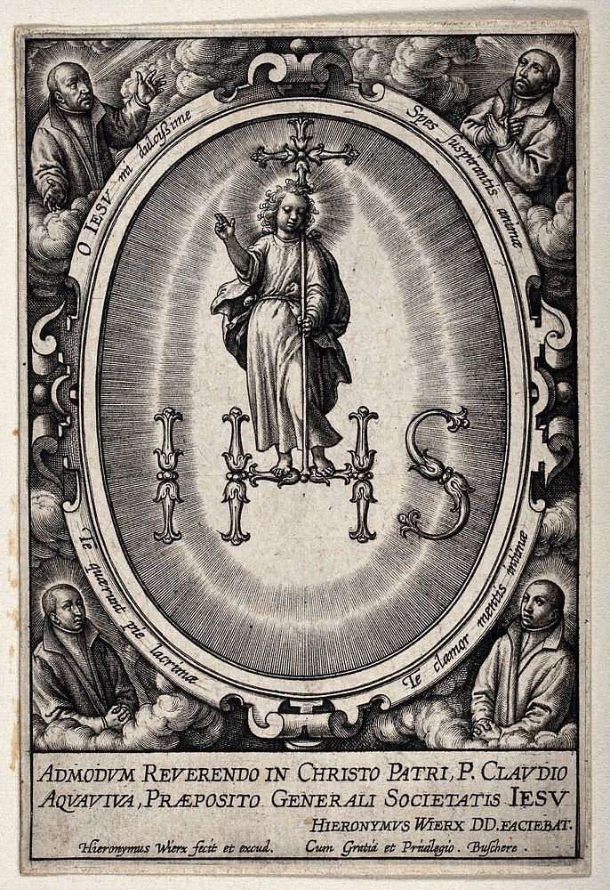 Christ standing within the monogram of the name of Jesus. Engraving by Hieronymus Wierx.