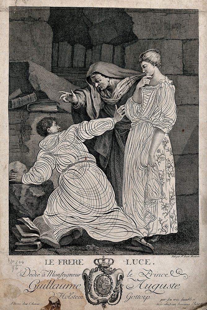 A priest interrupted at his prayers by an elderly and a young woman. Engraving by N. Bart.
