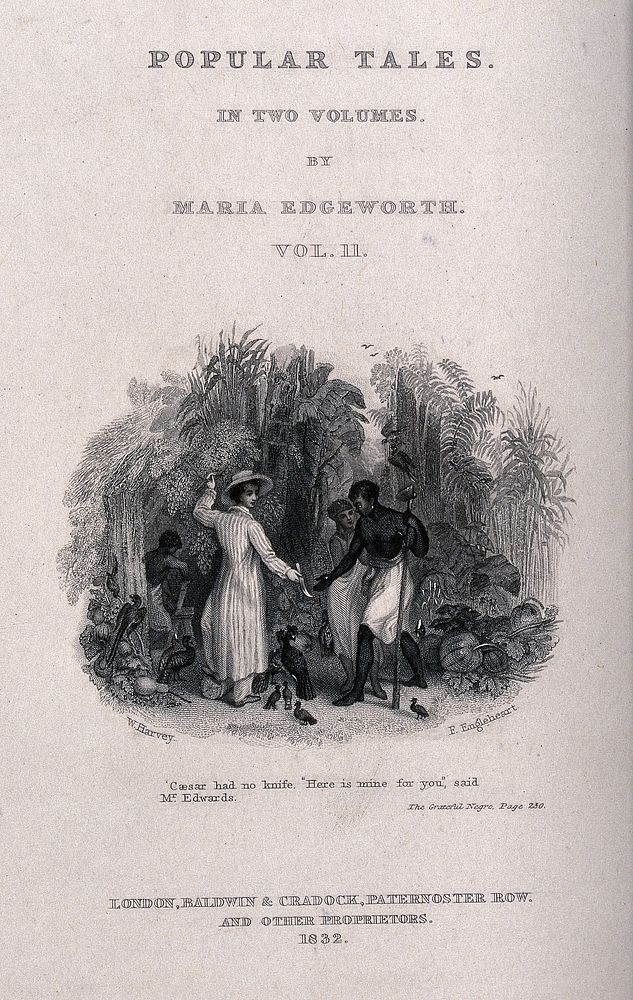 A white slave-owner handing a knife to a black enslaved man. Engraving by F. Engleheart, 1832, after W. Harvey.