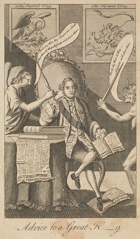 King George III sits in his library pondering which advice to accept: to govern by law or by force. Engraving, 1771.