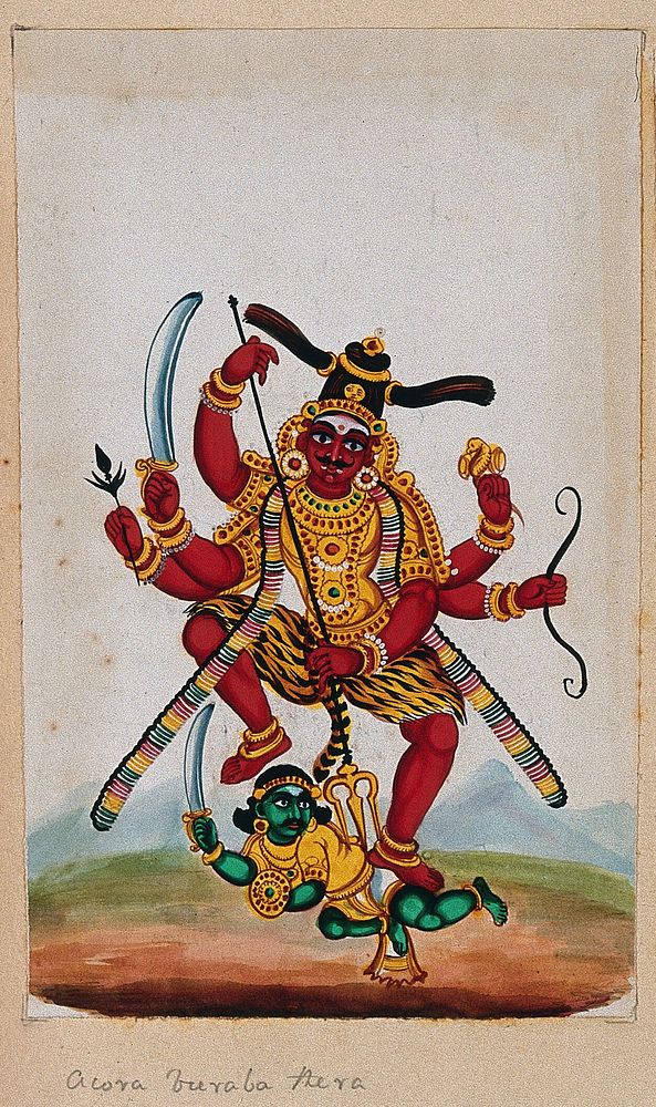 Virabhadra killing a green demon. Gouache painting by an Indian artist.