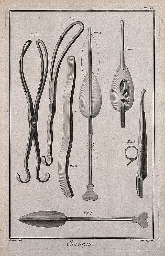 Surgery: surgical instruments, including forceps and instruments to perform a lithotomy. Engraving with etching by A.J.…