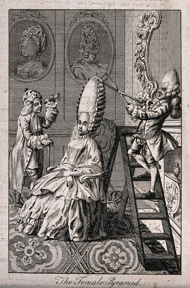 A woman having her extremely high wig (which towers over her head in an oval form and is flanked by parallel horizontal…