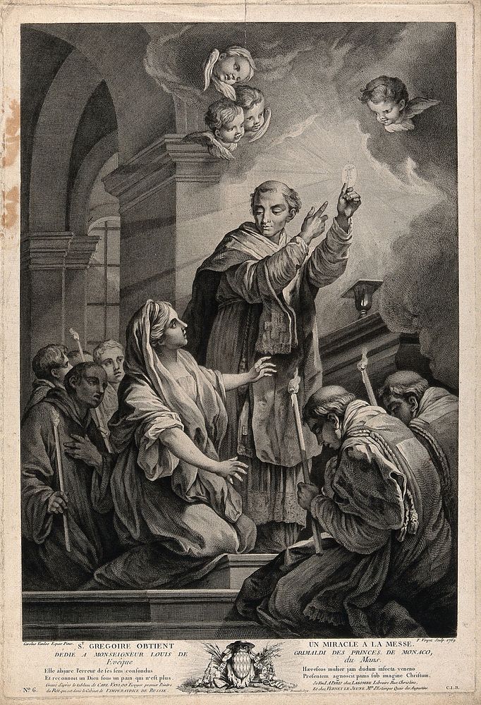 Saint Gregory the Great: he holds up before a heretic woman the Host in which Christ crucified appears. Engraving by F.…