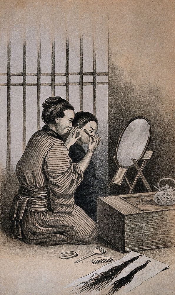 Two figures kneeling before a mirror; one shaves the face of the other. Lithograph after C. Wirgman.