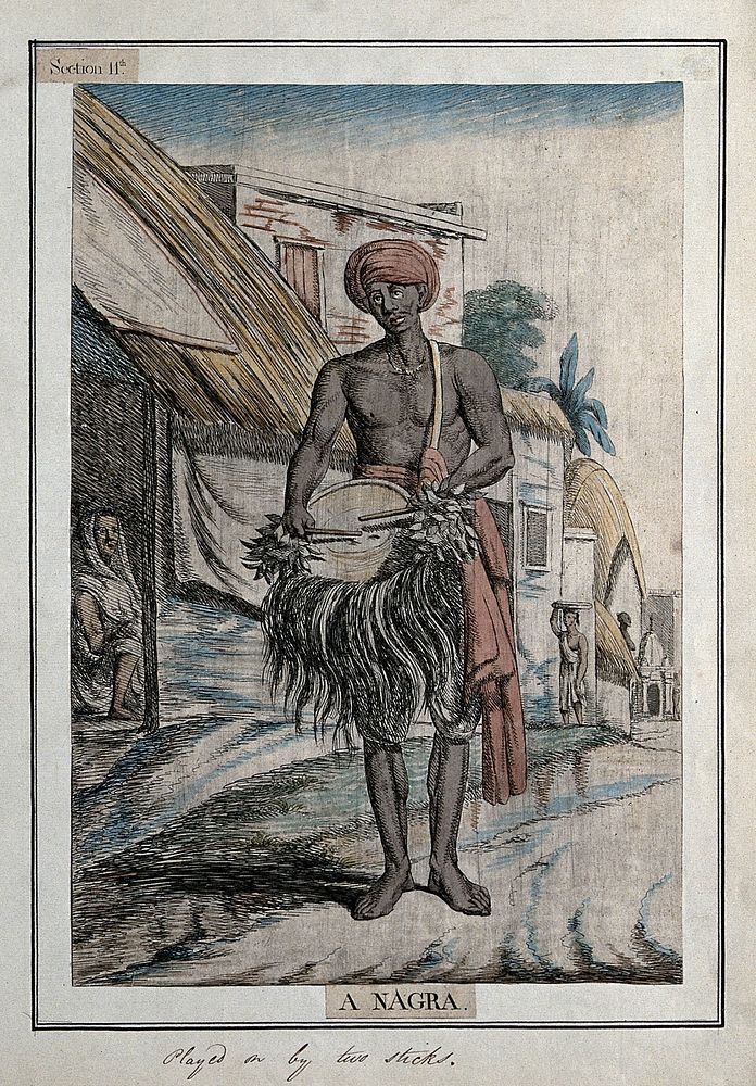 A musician with a nagra, a type of drum played with sticks, Calcutta, West Bengal. Coloured etching by François Balthazar…