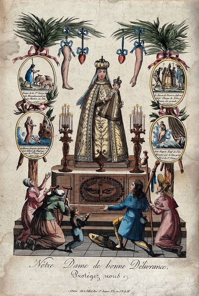 The Virgin of Health venerated by pilgrims and sick people who kneel before her altar.
