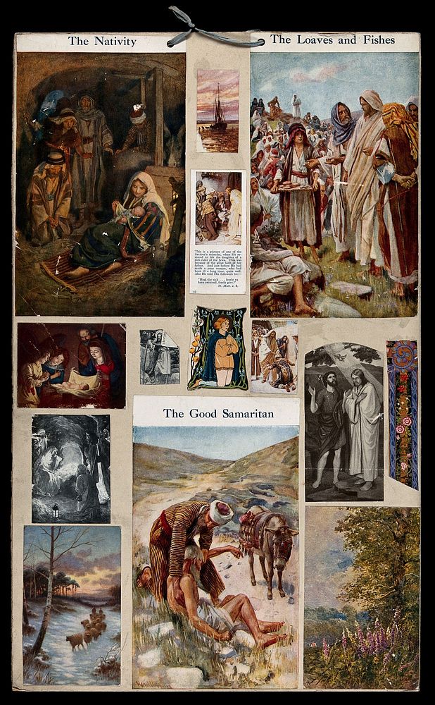 Episodes in the Bible and examples of devotional practice. Collage of colour lithographs and process prints after Harold…
