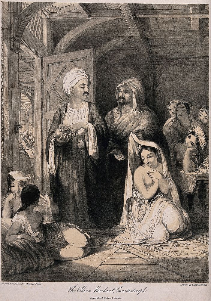 Two male merchants in Constantinople haggle over a woman slave, while other women look on. Tinted lithograph by T. Allom…