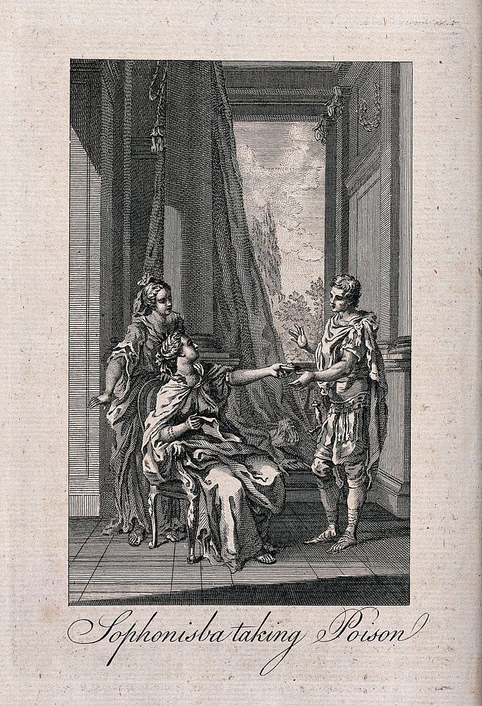 The suicide of Sophonisba: Sophonisba is sitting on a chair taking the poison Masinissa sent her. Etching.