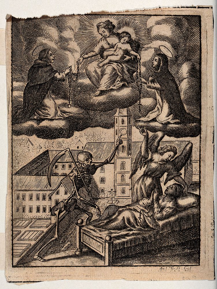 A believer, called by death, with his guardian angel pointing to heaven, where saints will intercede for him. Etching by…