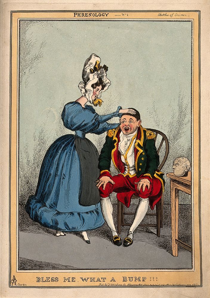 A smartly dressed woman examining the head of a military man. Coloured etching attributed to W. Heath, ca 1830.