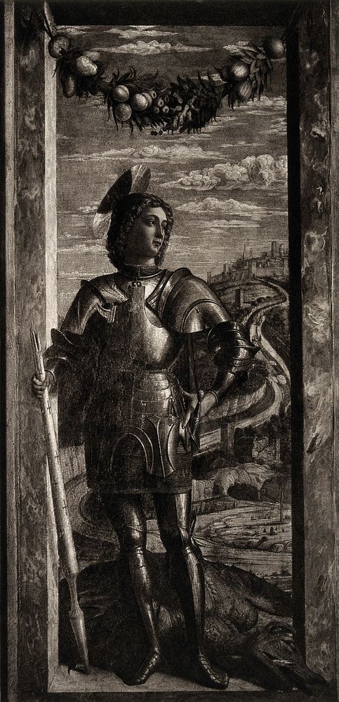 Saint George wearing armour and holding a lance, a dead dragon at his feet; a city in the background. Photogravure after A.…